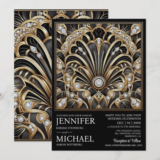 Art Deco Black & Gold Diamond Wedding Invitations  招待状 (正面/裏面)
