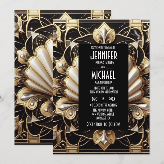 Art Deco Black & Gold Diamond Wedding Invitations 招待状 (正面/裏面)