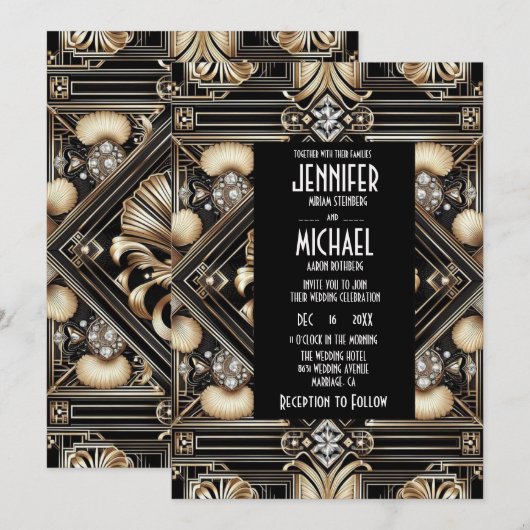 Art Deco Black & Gold Diamond Wedding Invitations 招待状 (正面/裏面)