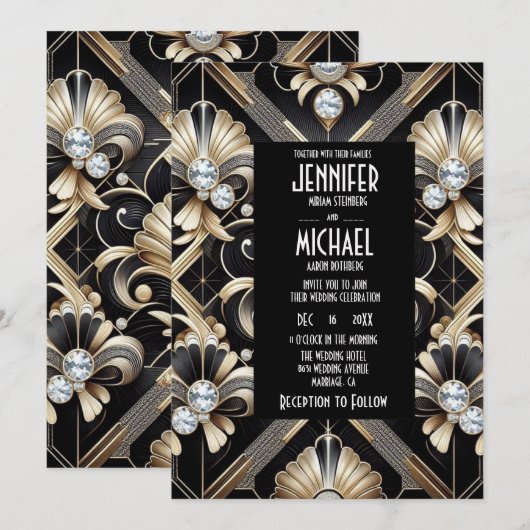 Art Deco Black & Gold Diamond Wedding Invitations 招待状 (正面/裏面)