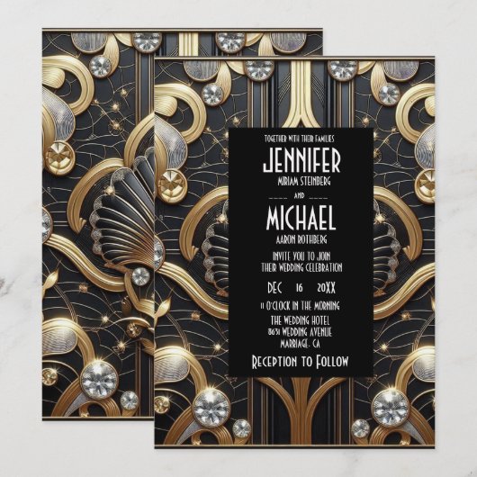 Art Deco Black & Gold Diamond Wedding Invitations 招待状 (正面/裏面)