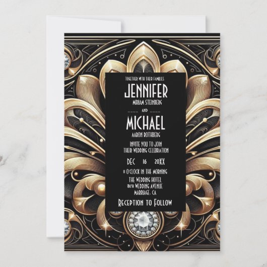 Art Deco Black & Gold Diamond Wedding Invitations 招待状 (正面)