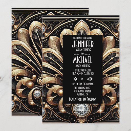 Art Deco Black & Gold Diamond Wedding Invitations 招待状 (正面/裏面)