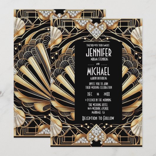 Art Deco Black & Gold Diamond Wedding Invitations 招待状 (正面/裏面)
