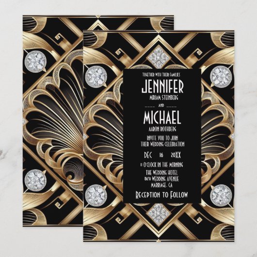 Art Deco Black & Gold Diamond Wedding Invitations 招待状 (正面/裏面)