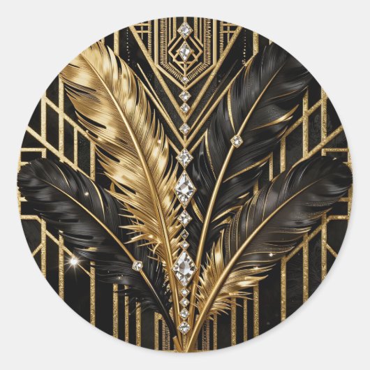 Art Deco Black Gold Feathers ラウンドシール (正面)