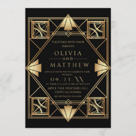 Art Deco Black Gold Frame Wedding 招待状