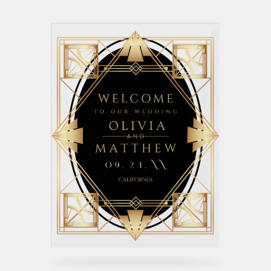 Art Deco Black Gold Geometric Wedding アクリルサイン (正面)