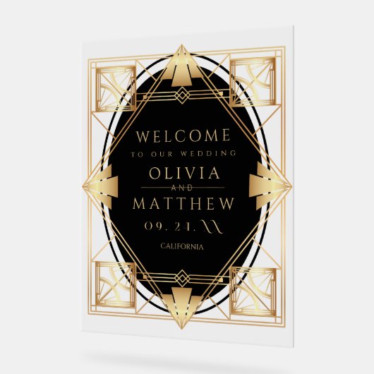 Art Deco Black Gold Geometric Wedding アクリルサイン (傾斜)