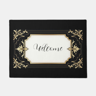 Art Deco Black & Gold Ornate Frame Area Rug ドアマット