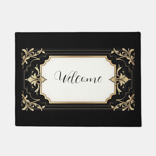 Art Deco Black & Gold Ornate Frame Area Rug ドアマット (正面)