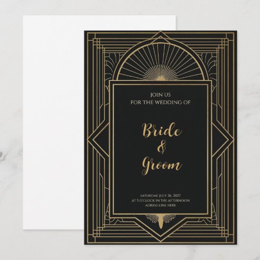 Art Deco Black Gold Sunburst Geometric Elegant 招待状 (正面/裏面)