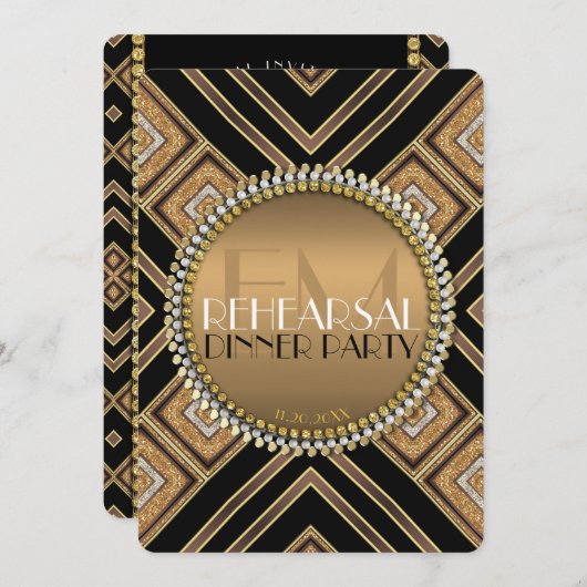Art Deco Black Gold Wedding Rehearsal Dinner Party 招待状 (正面/裏面)