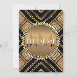 Art Deco Black Gold Wedding Rehearsal Dinner Party 招待状