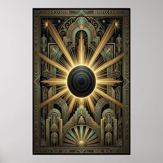 Art Deco Black Hole Celestial Poster | Gold Teal ポスター (正面)
