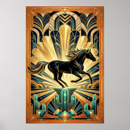 Art Deco Black Horse Cactus Palace Gold Teal Poste ポスター