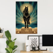 Art Deco Black Horse Mandala Sunset Teal Gold Post ポスター (ホームオフィス)