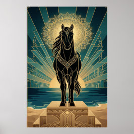 Art Deco Black Horse Mandala Sunset Teal Gold Post ポスター