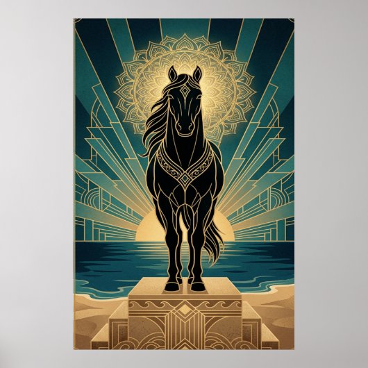 Art Deco Black Horse Mandala Sunset Teal Gold Post ポスター (正面)