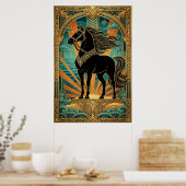 Art Deco Black Horse Statue Sunburst Teal Gold ポスター (キッチン)