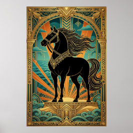 Art Deco Black Horse Statue Sunburst Teal Gold ポスター