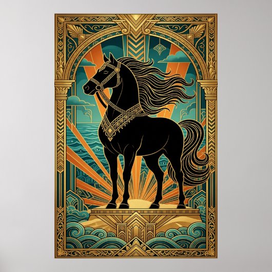 Art Deco Black Horse Statue Sunburst Teal Gold ポスター (正面)
