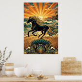 Art Deco Black Stallion Beach Waves Sunset Poster ポスター (キッチン)