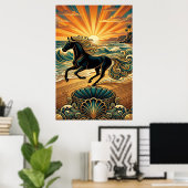 Art Deco Black Stallion Beach Waves Sunset Poster ポスター (ホームオフィス)