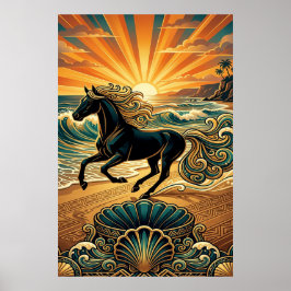 Art Deco Black Stallion Beach Waves Sunset Poster ポスター