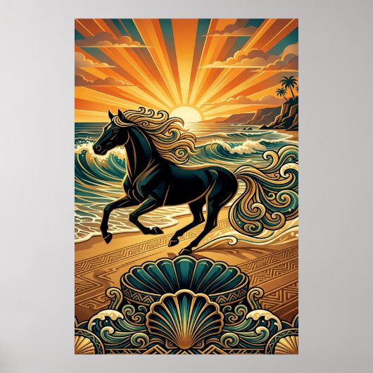 Art Deco Black Stallion Beach Waves Sunset Poster ポスター (正面)