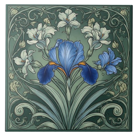  Art Deco Blue Iris Bloom Floral Motifs Botanical タイル (正面)