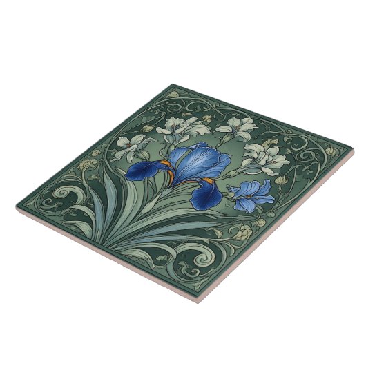  Art Deco Blue Iris Bloom Floral Motifs Botanical タイル (側面)
