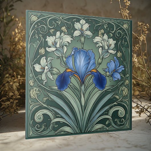 Art Deco Blue Iris Bloom Floral Motifs Botanical タイル