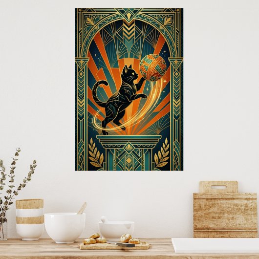 Art Deco Cat Fish Trophy Wall Art ポスター (キッチン)