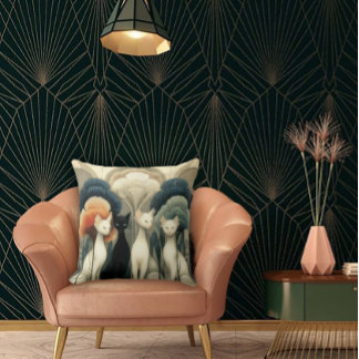 Art Deco Cats in Trees クッション