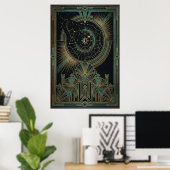 Art Deco Celestial Astrolabe Poster | Gold Teal ポスター (ホームオフィス)