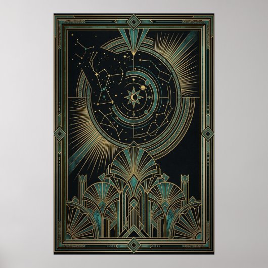 Art Deco Celestial Astrolabe Poster | Gold Teal ポスター (正面)