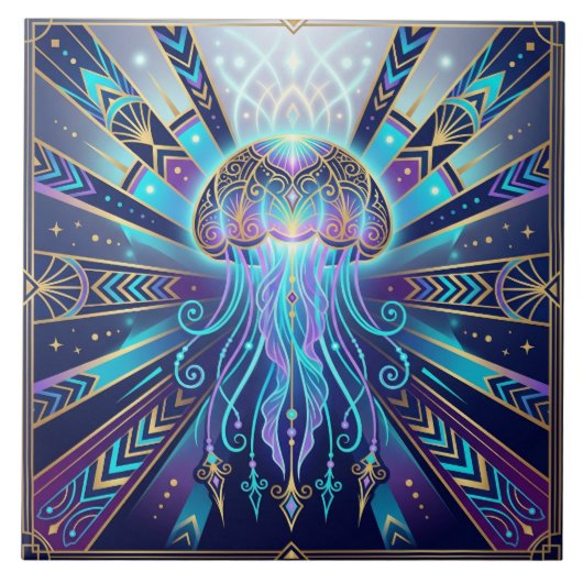 Art Deco Celestial Jellyfish Deep Sea Glow Ceramic タイル (正面)