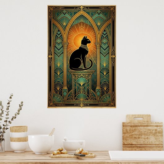 Art Deco Celestial Solstice Cat Wall Art ポスター (キッチン)