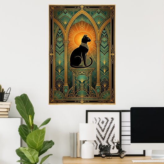 Art Deco Celestial Solstice Cat Wall Art ポスター (ホームオフィス)