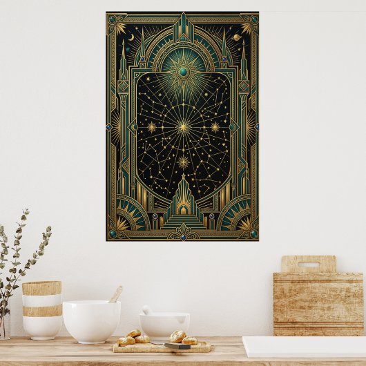 Art Deco Celestial Star Map Poster | Gold Teal ポスター (キッチン)