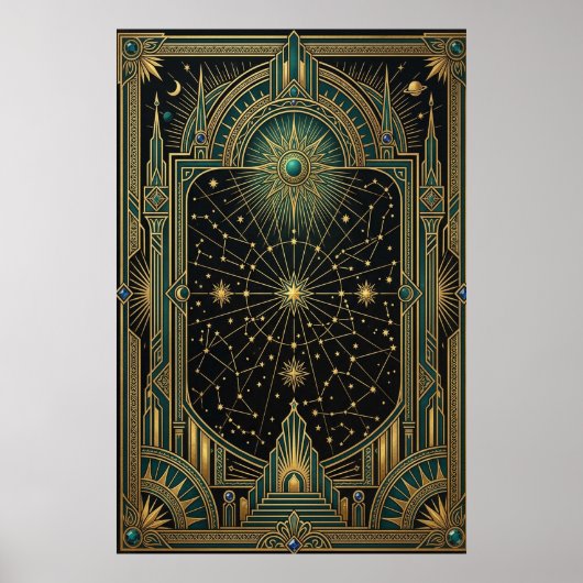Art Deco Celestial Star Map Poster | Gold Teal ポスター (正面)
