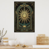 Art Deco Celestial Sun Face Poster | Gold Teal ポスター (キッチン)