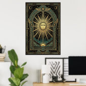 Art Deco Celestial Sun Face Poster | Gold Teal ポスター (ホームオフィス)