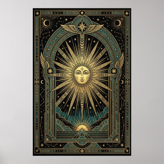 Art Deco Celestial Sun Face Poster | Gold Teal ポスター (正面)