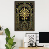 Art Deco Celestial Sun & Moon Poster | Gold Geomet ポスター (ホームオフィス)