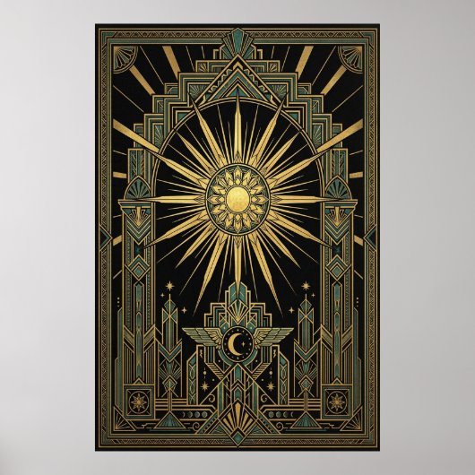 Art Deco Celestial Sun & Moon Poster | Gold Geomet ポスター (正面)
