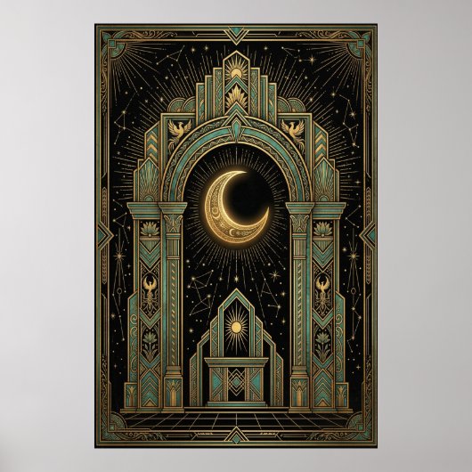 Art Deco Celestial Temple Poster | Gold Sunburst ポスター (正面)