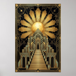 Art Deco Celestial Temple Poster | Gold Sunburst  ポスター