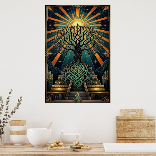 Art Deco Celtic Tree of Life Pyramid Gold Teal  ポスター (キッチン)